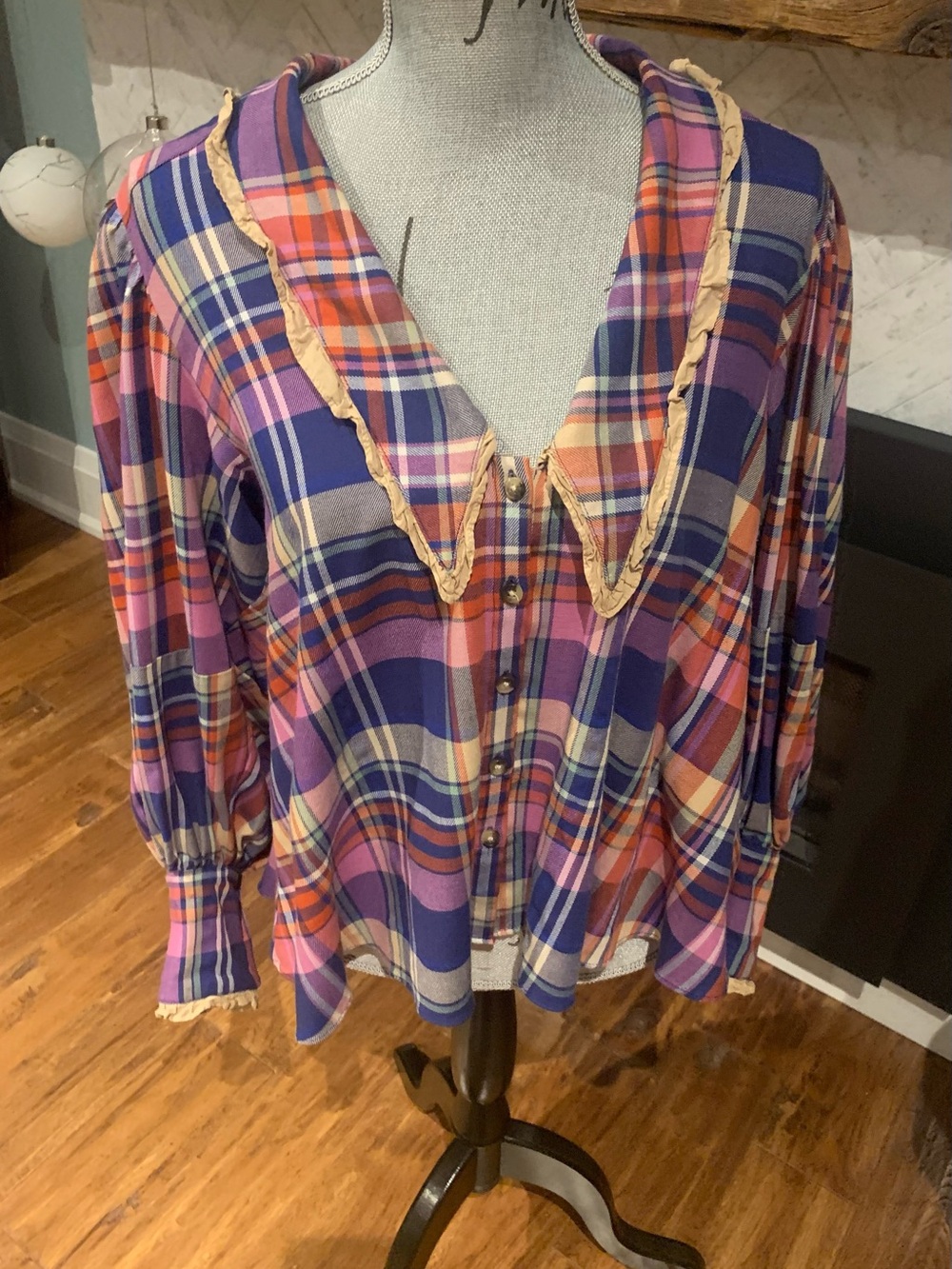 Free People Plaid Button-Down Top in Purple, Pink and Cream with Collar